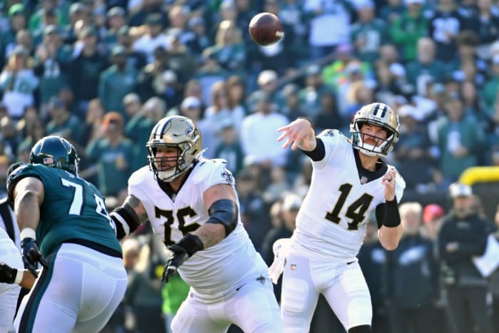 Jan 1, 2023; New Orleans Saints quarterback Andy Dalton (14) throws a pass against the Philadelphia Eagles. Mandatory Credit: Eric Hartline-USA TODAY Sports